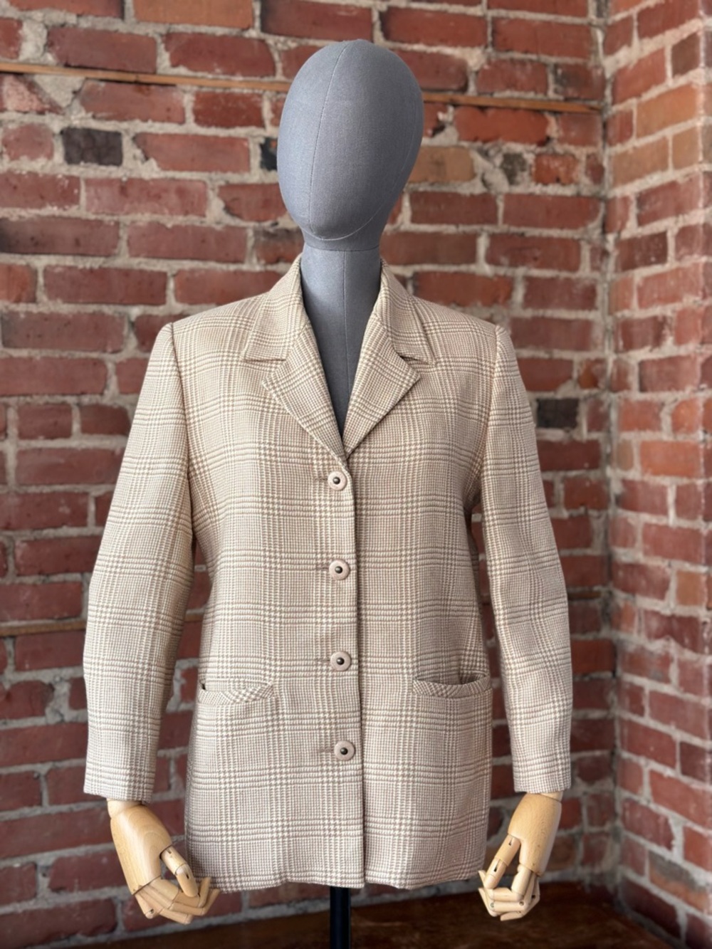 Vintage Wool Plaid Blazer Women’s Beige Check Tailored Jacket